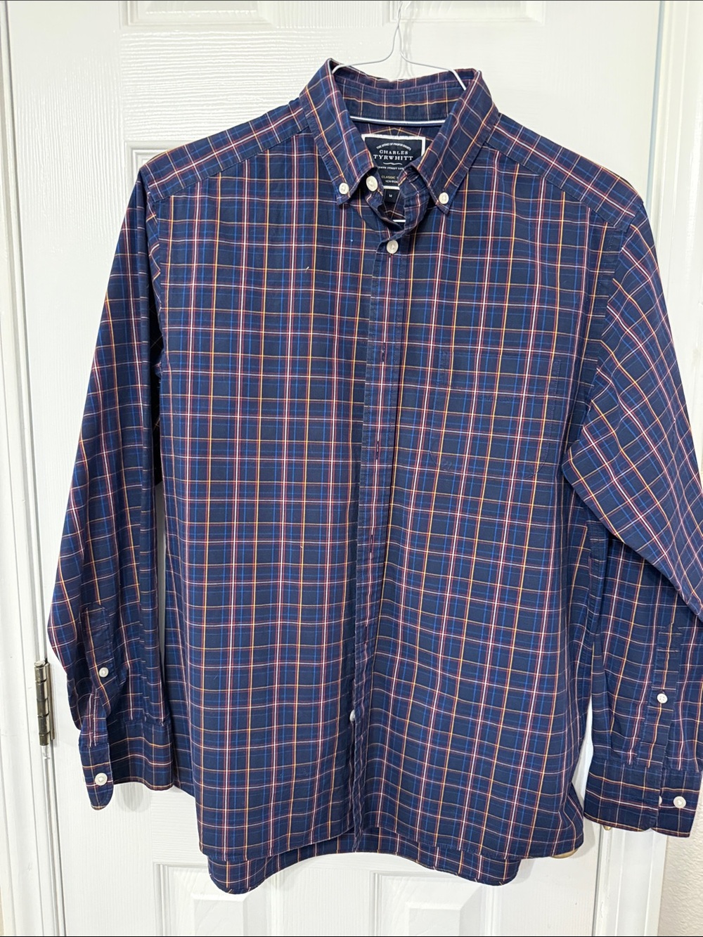 Charles Tyrwhitt Navy Blue and Red Plaid Button-Down Shirt